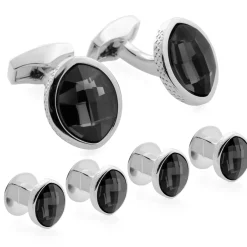 Tateossian Black Swarovski Pure Leaf Cufflinks and Shirt Studs Set