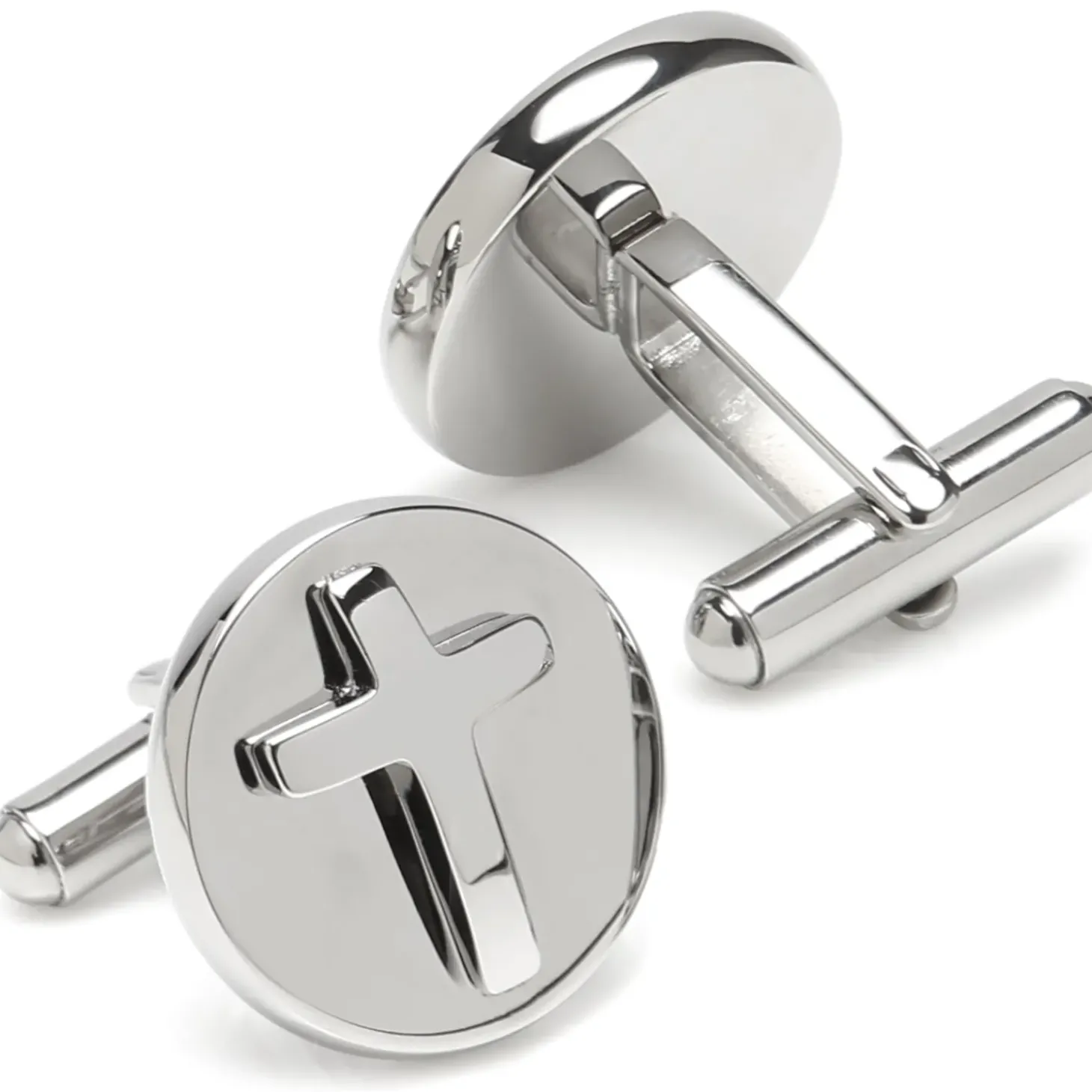 Ox and Bull Trading Co. Cross Round Stainless Steel Cufflinks