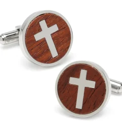 Ox and Bull Trading Co. Cross Round Wood Stainless Steel Cufflinks