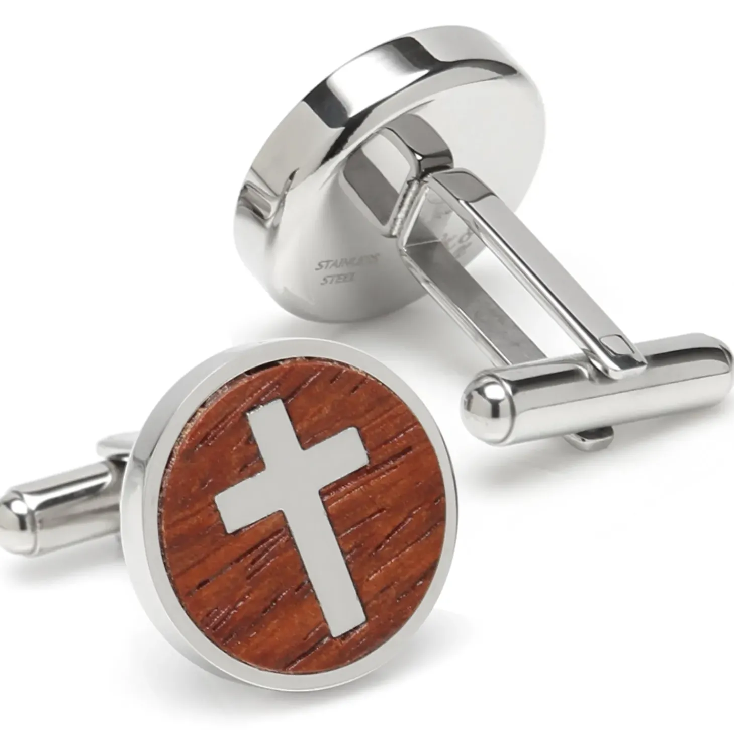 Ox and Bull Trading Co. Cross Round Wood Stainless Steel Cufflinks