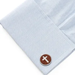 Ox and Bull Trading Co. Cross Round Wood Stainless Steel Cufflinks