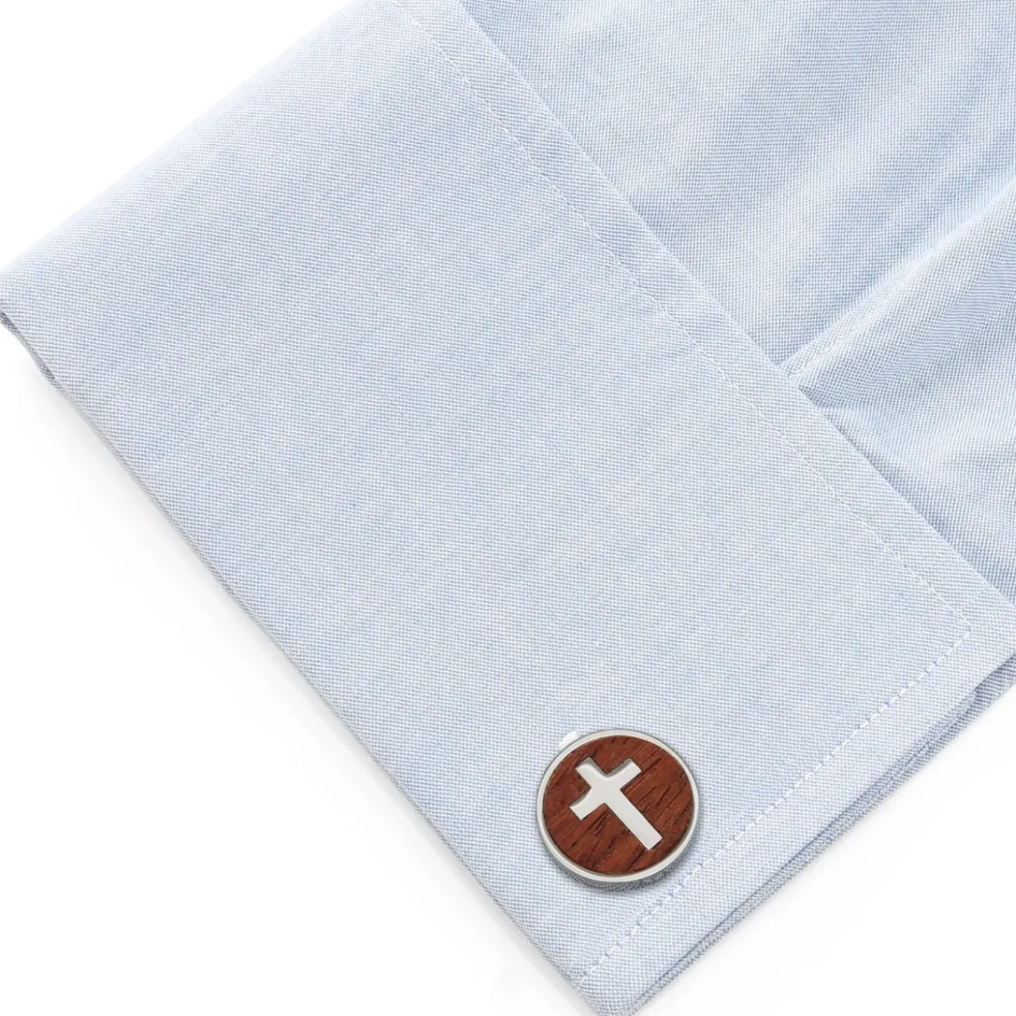 Ox and Bull Trading Co. Cross Round Wood Stainless Steel Cufflinks