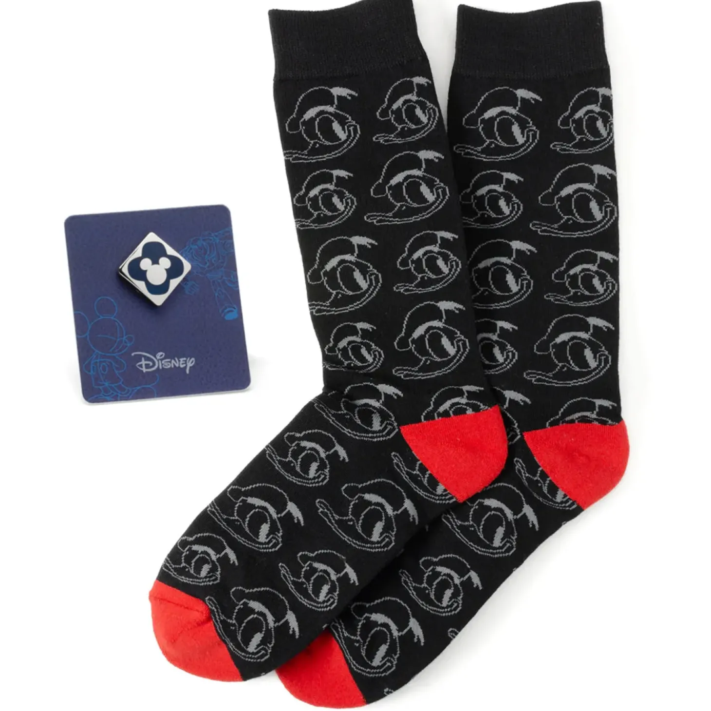 Disney Donald Patterned Black Sock and Mickey Blue Lapel Pin Gift Set