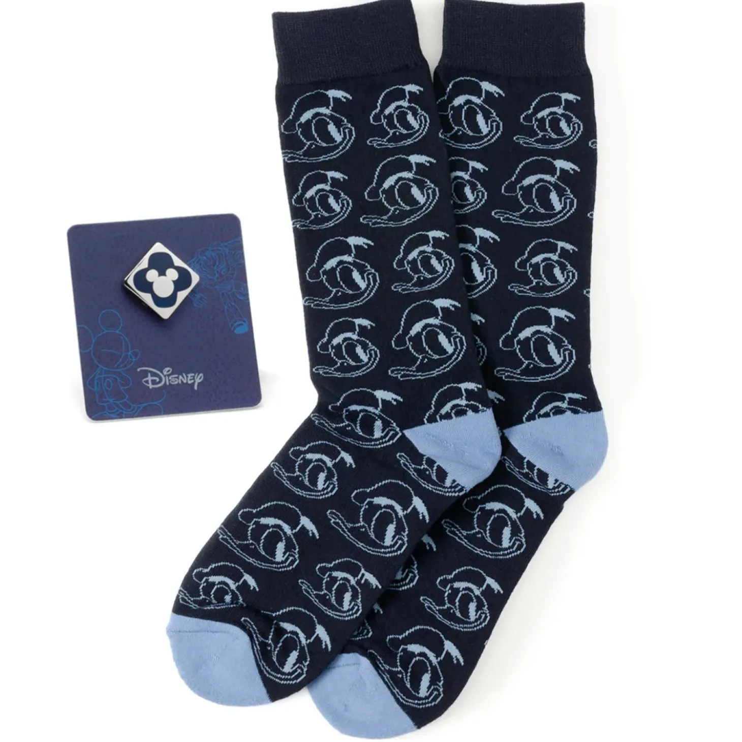 Disney Donald Patterned Blue Sock and Mickey Blue Lapel Pin Gift Set