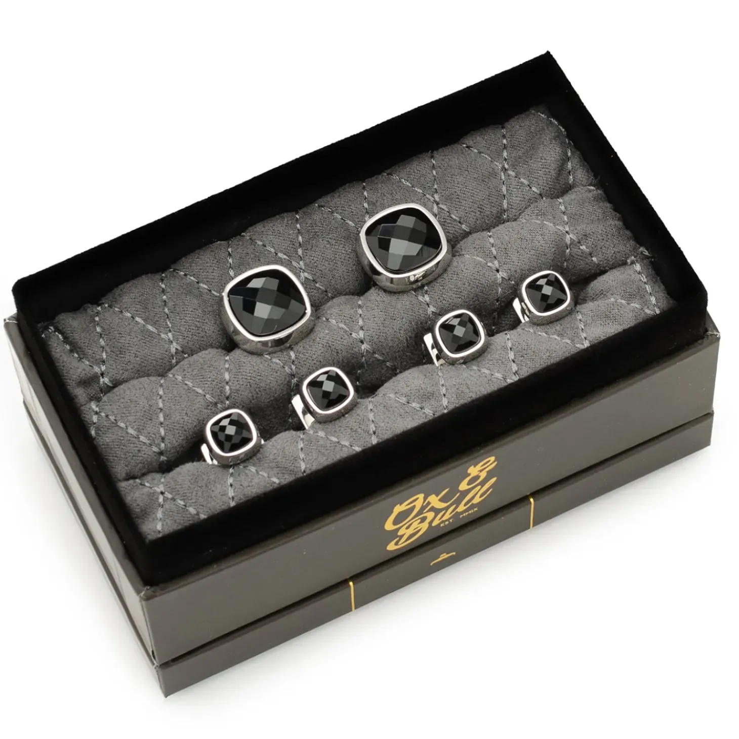 Ox and Bull Trading Co. Faceted Onyx Cushion Stainless Steel Stud Set