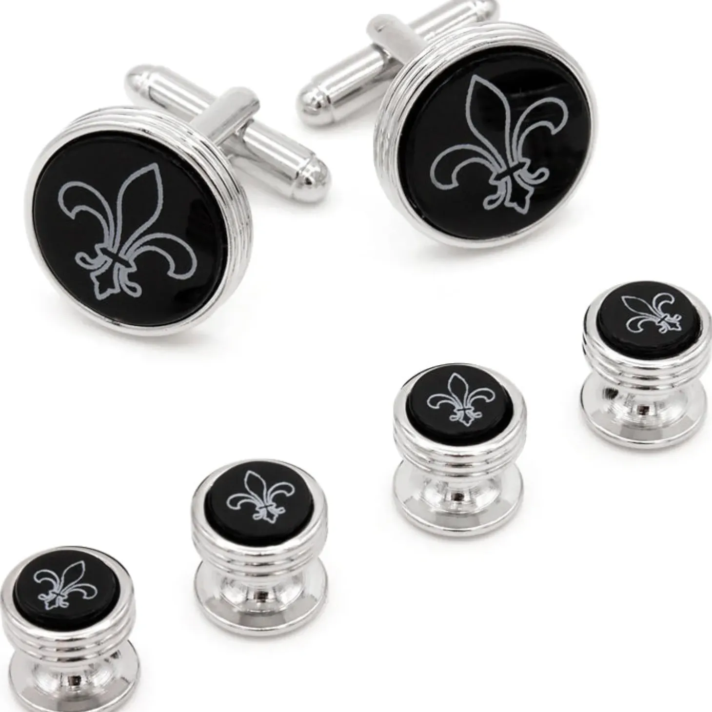 JJ Weston Fleur de Lis Engraved Onyx Silver Stud Set