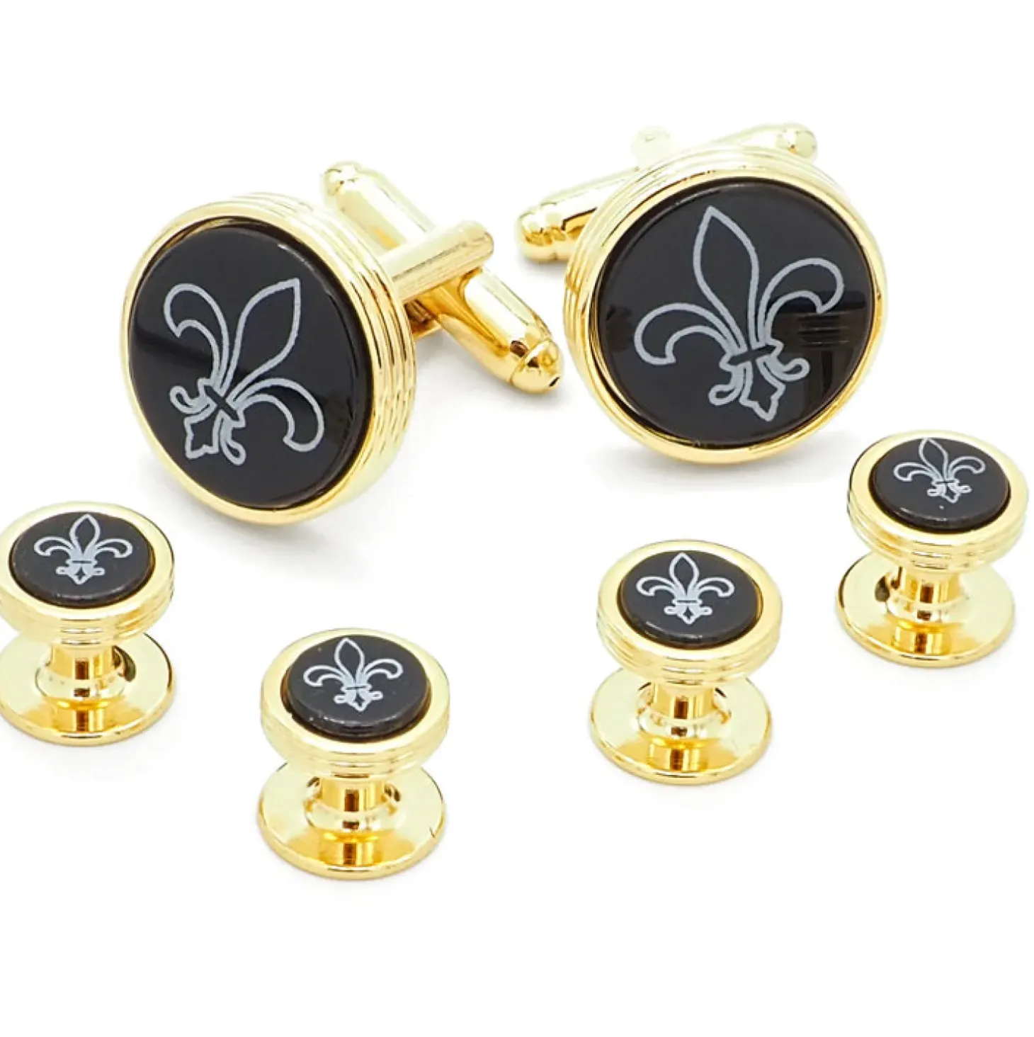 JJ Weston Fleur de Lis Engraved Onyx Stud Set