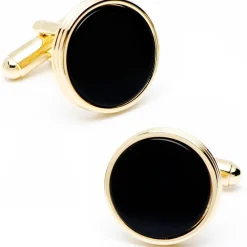 JJ Weston Gold and Onyx Ribbed Cufflinks