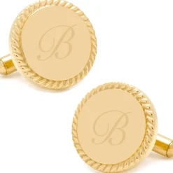 Ox and Bull Trading Co. 14K Gold Plated Rope Border Round Engravable Cufflinks