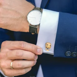 Deakin & Francis 18K Yellow Gold Skull Cufflinks with Popping Diamond Eyes