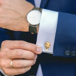Deakin & Francis 18K Yellow Gold Skull Cufflinks with Popping Diamond Eyes