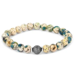 Tateossian Lhasa Graffiato Beaded Bracelet in Rhodium Silver with Cream and Blue Azurite