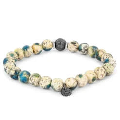Tateossian Lhasa Graffiato Beaded Bracelet in Rhodium Silver with Cream and Blue Azurite