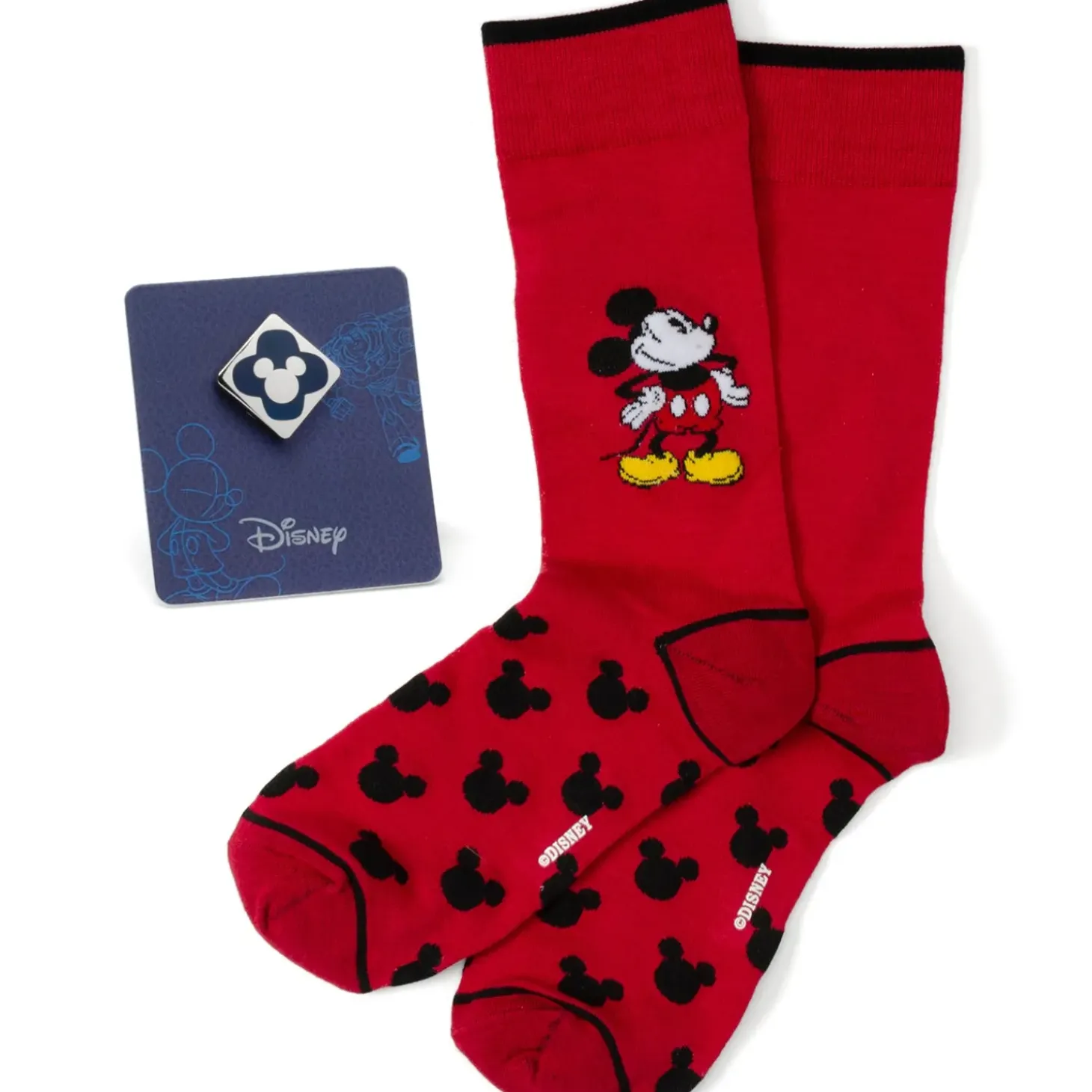 Disney Mickey Pie-Eyed Red Sock and Mickey Blue Lapel Pin Gift Set