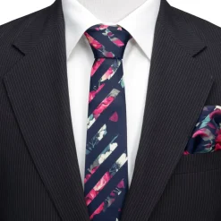 Ox and Bull Trading Co. Painted Floral Navy Stripe Silk Men's Tie