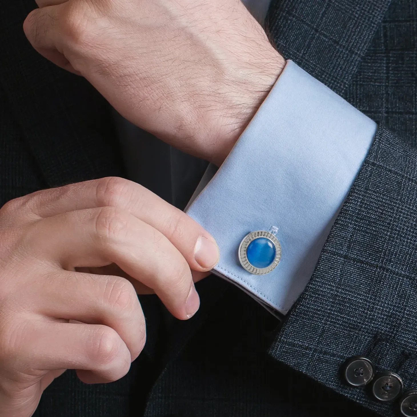 Ox and Bull Trading Co. Radiant Blue Catseye Stainless Steel Cufflinks