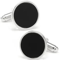 Ox and Bull Trading Co. Round Silver Cufflink with Onyx Inlay