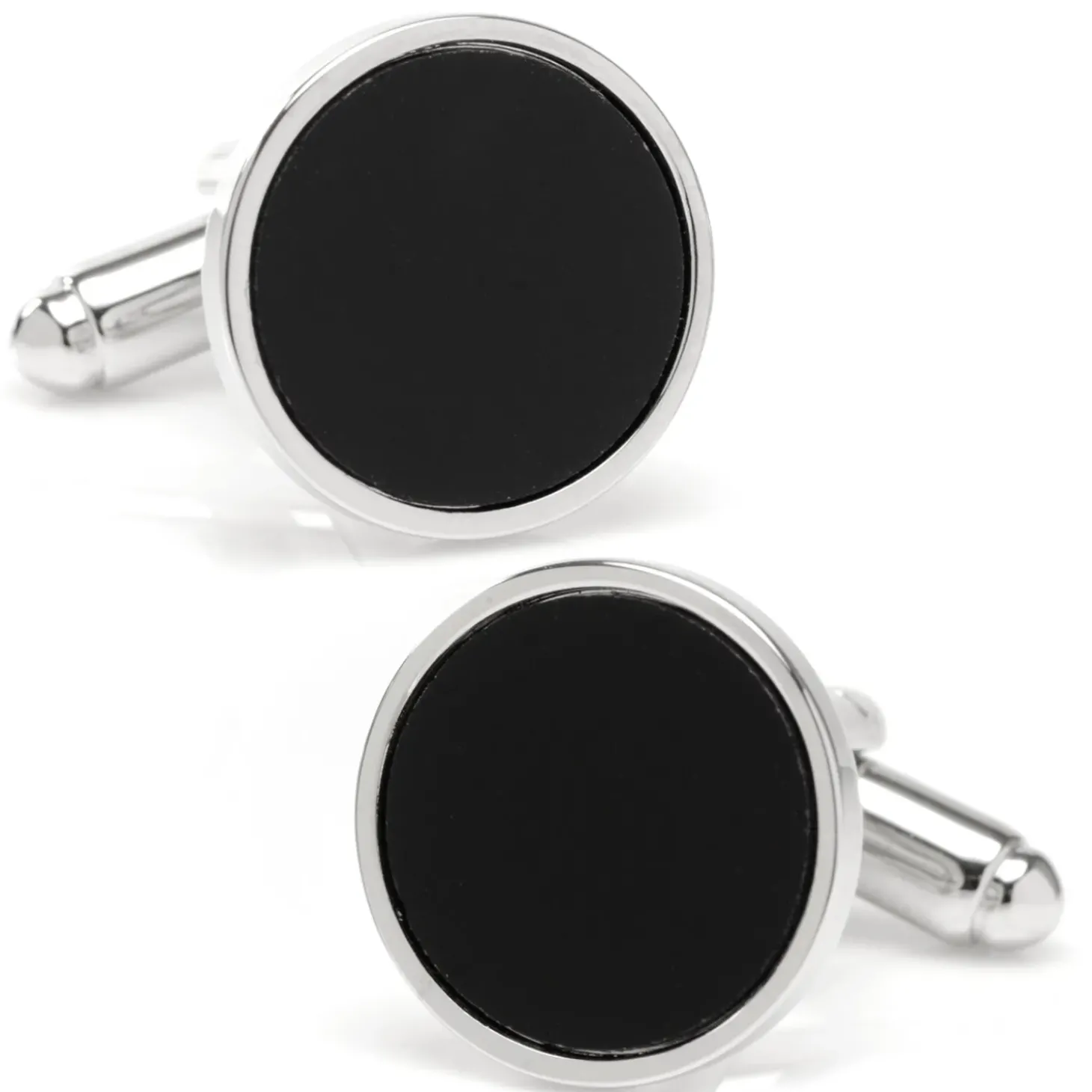 Ox and Bull Trading Co. Round Silver Cufflink with Onyx Inlay