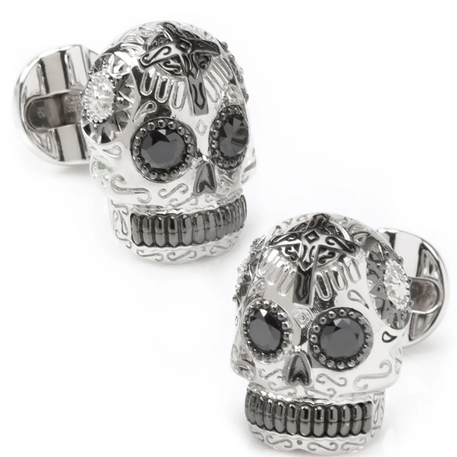 Ox and Bull Trading Co. Silver and Black PVD Day of the Dead Skull Cufflinks