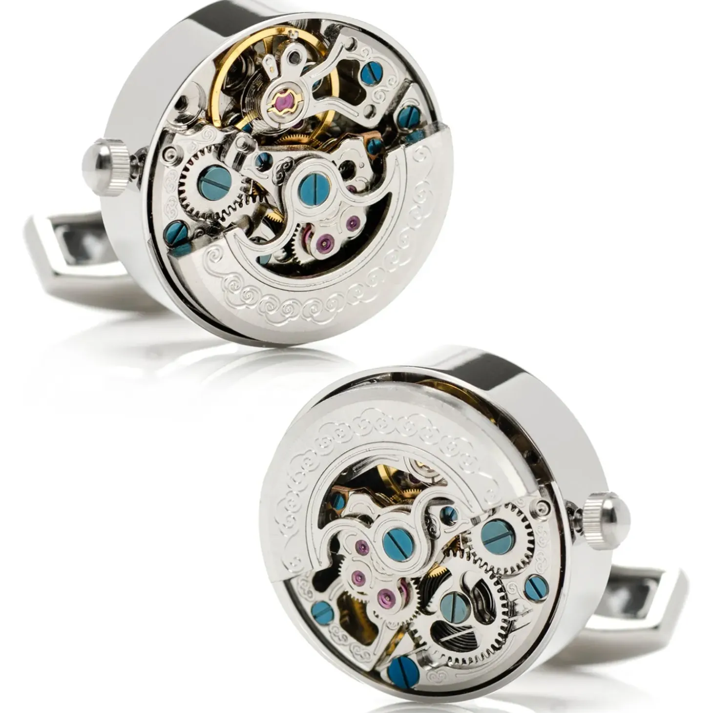 Ox and Bull Trading Co. Silver Stainless Steel Kinetic Watch Movement Cufflinks