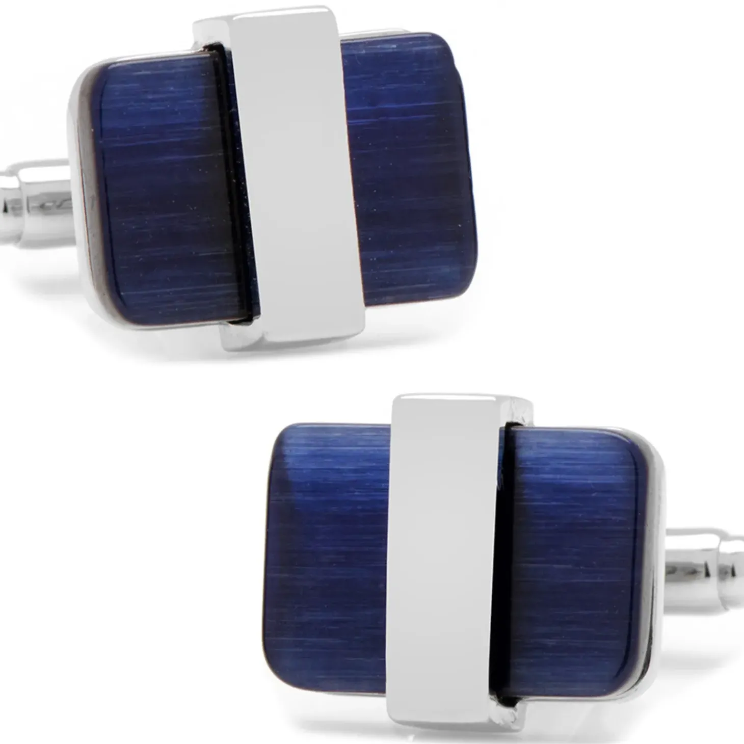 Ox and Bull Trading Co. Silver Wrapped Navy Blue Catseye Cufflinks