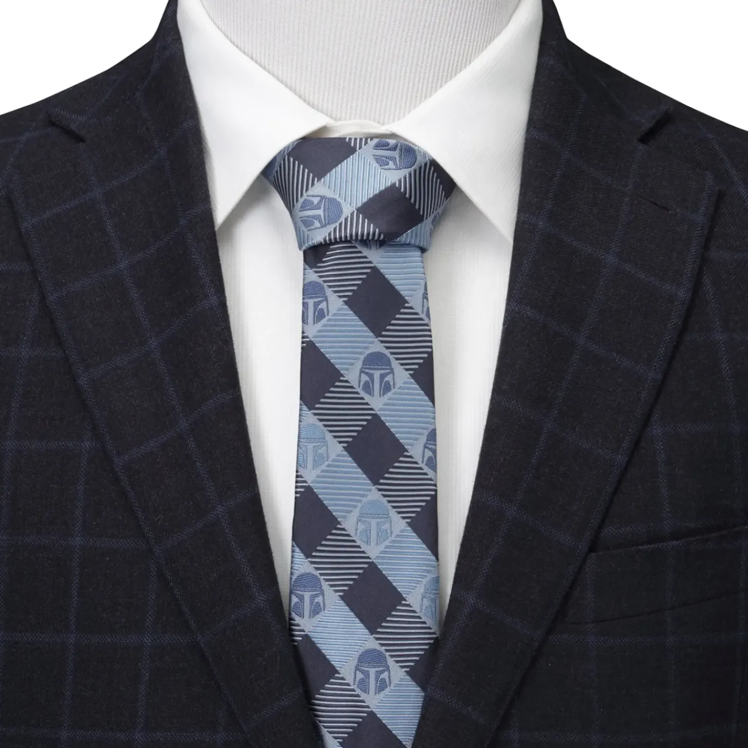 Star Wars Mando Helmet Check Blue Mens Tie
