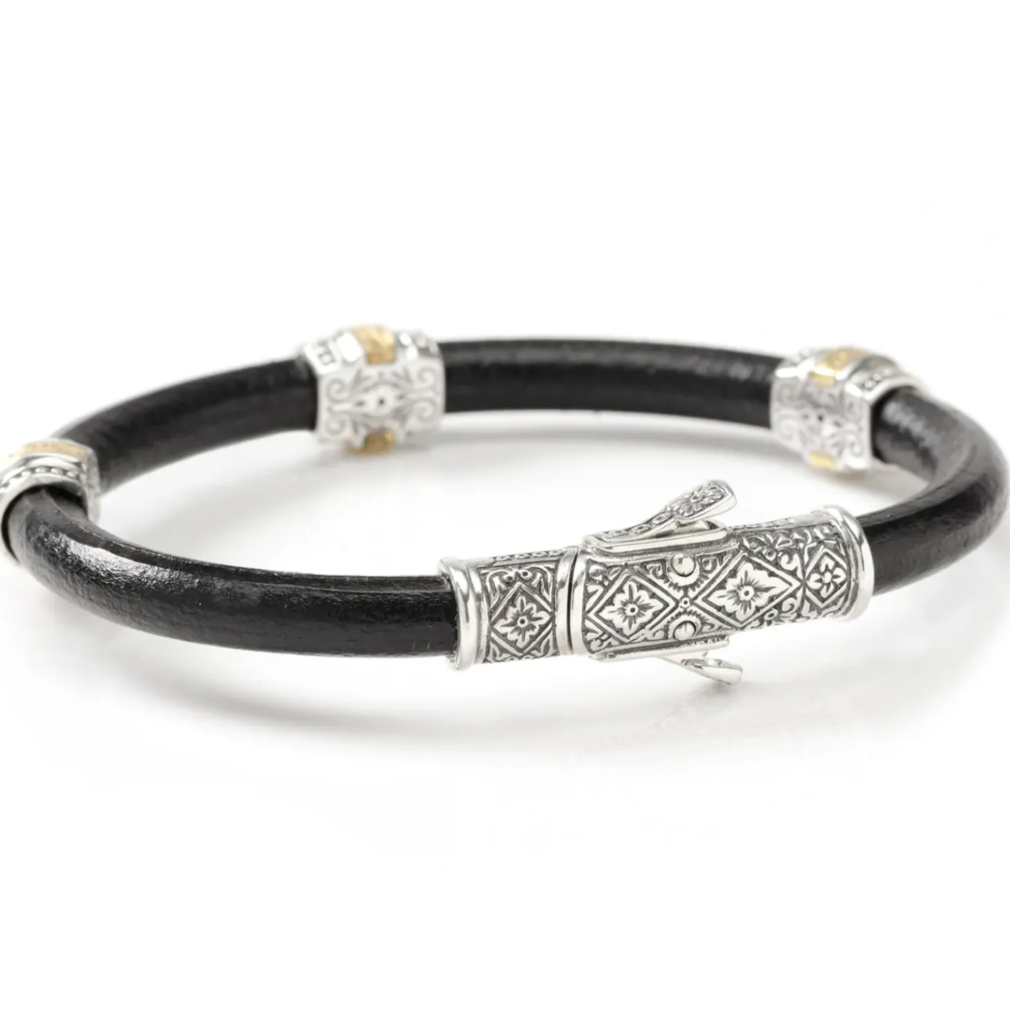 Konstantino Sterling Silver & Bronze with Black Leather Bracelet