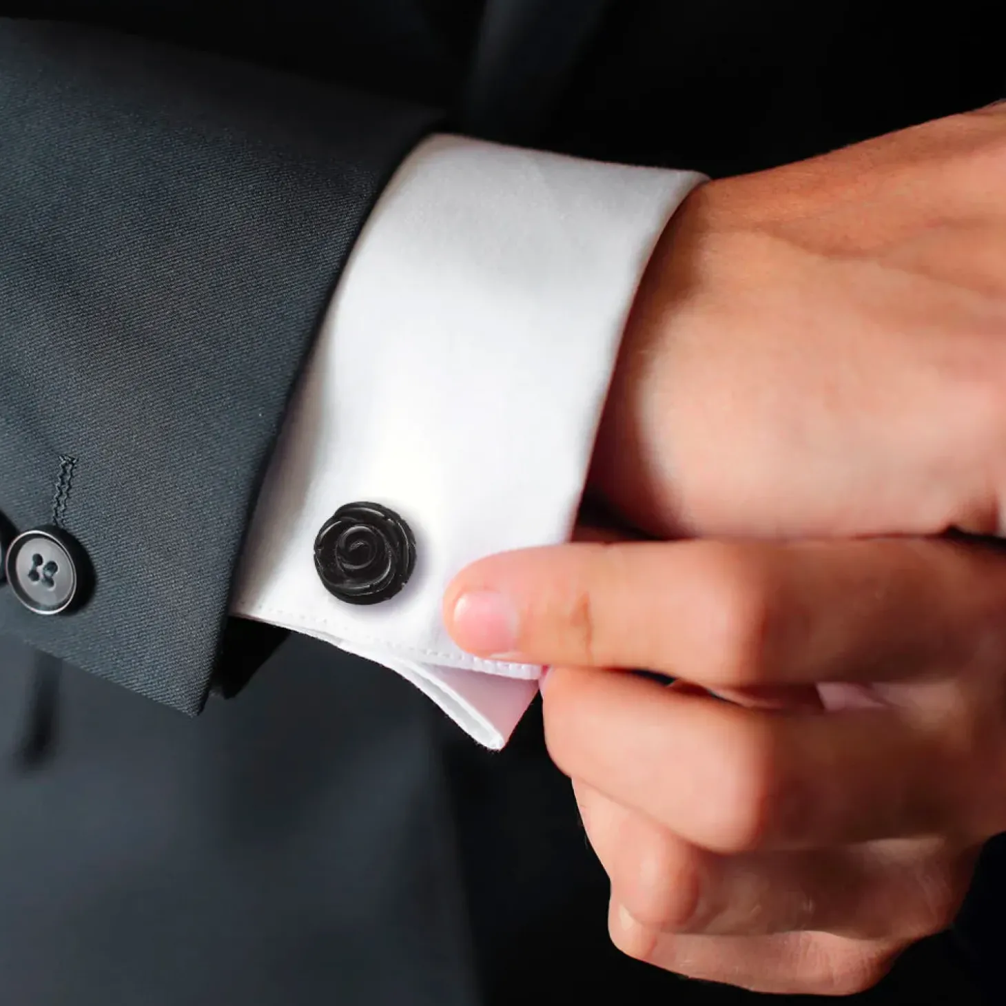 Jan Leslie Sterling Silver Carved Rose Black Onyx Cufflinks