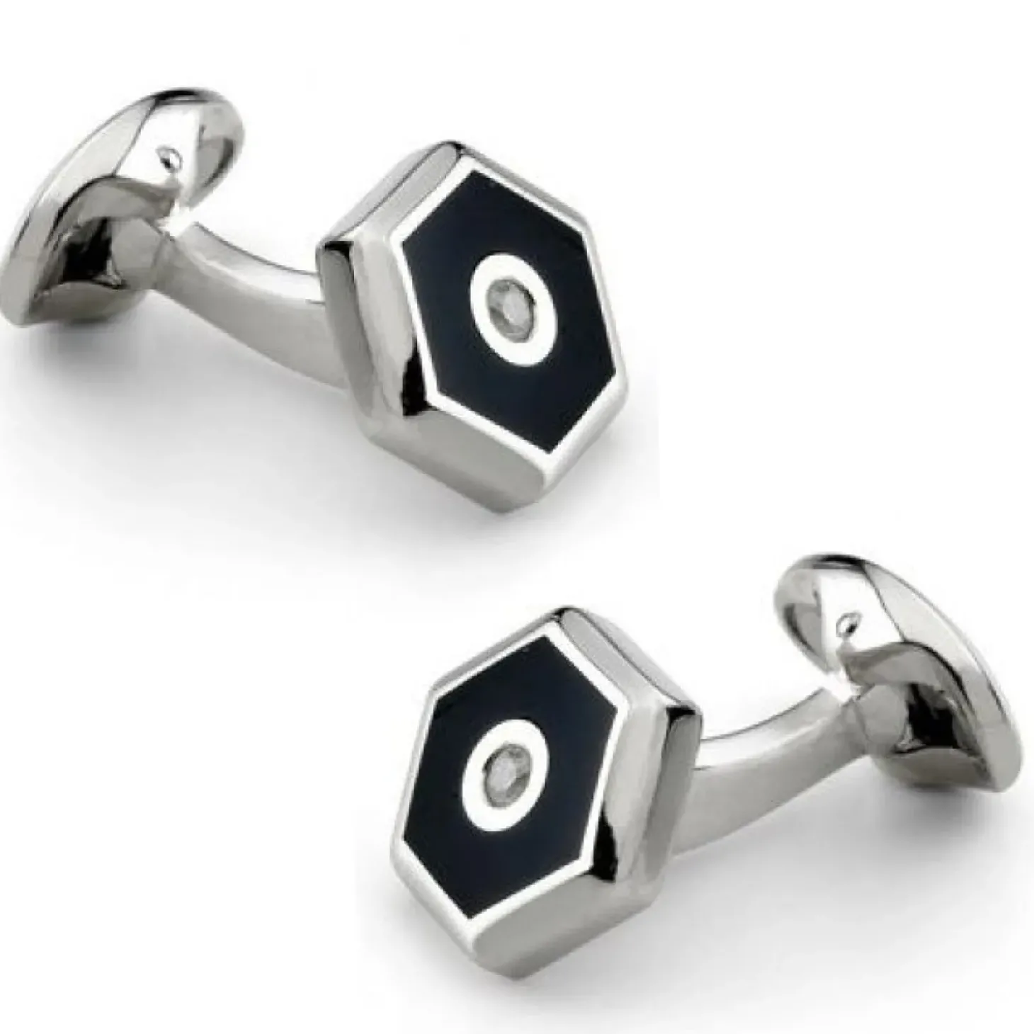 Deakin & Francis Sterling Silver Hexagonal Cufflinks with Onyx and Diamond